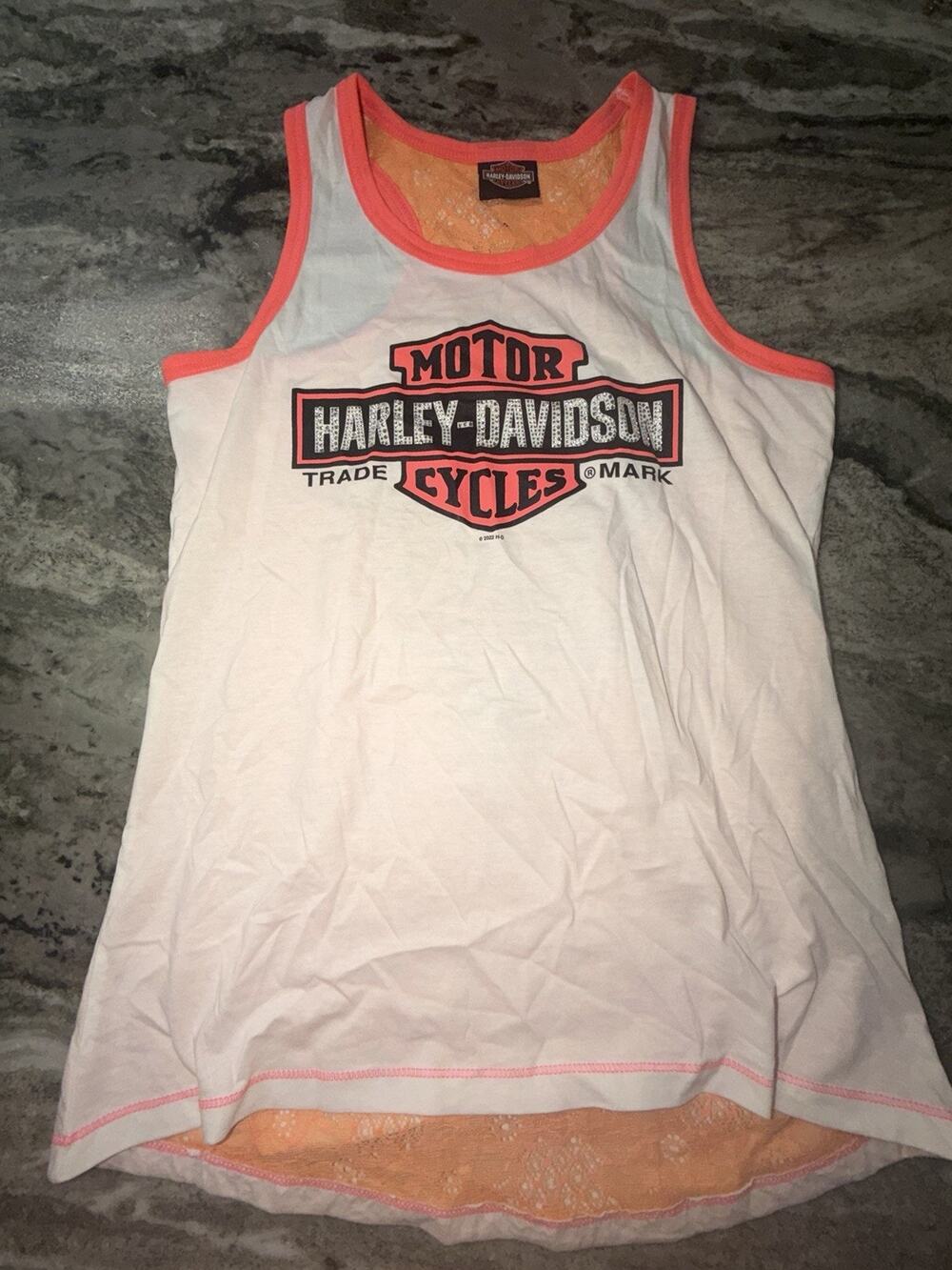 Harley Davidson Aruba Women's Medium Pink Coral Trim Distressed Tank Top AO18